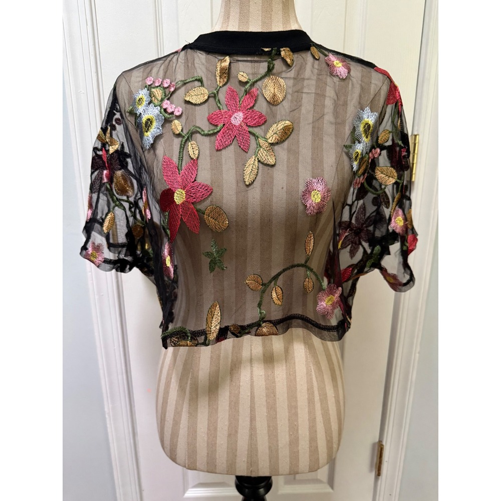 Floral Embroidered Black Mesh Sheer Crop Top Fairycore Short Sleeve Blouse